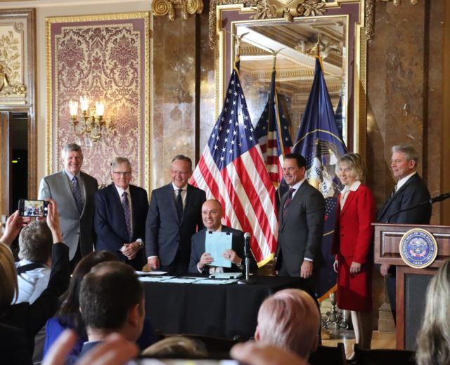 Today, Gov. Cox ceremonially signed the historic tax relief the Legislature passed during the 2023 General Session. The $850 million tax cut includes reducing the income tax rate, expanding social security tax credit eligibility, providing double dependent exemption for children 0-3, reducing the state tax on gas and more.

“2023 is the year of the tax cut again, again, again. For the third year in a row, we are returning money to the hard-working Utahns who earned it. I am excited to see how these historic tax cuts directly impact Utahns in a meaningful way.” – President J. Stuart Adams
