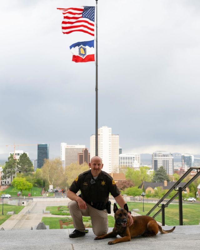 Bruno, a Capitol K-9 specialized in bomb detection and apprehension, hung up his leash in retirement this week after over three years of service. 🦮
 
His decorated career includes winning second place for canine detection in the state and multiple awards for apprehension and obedience. We thank him for his dedication to keeping our state capitol safe and will miss him dearly! 
 
#utpol #utleg